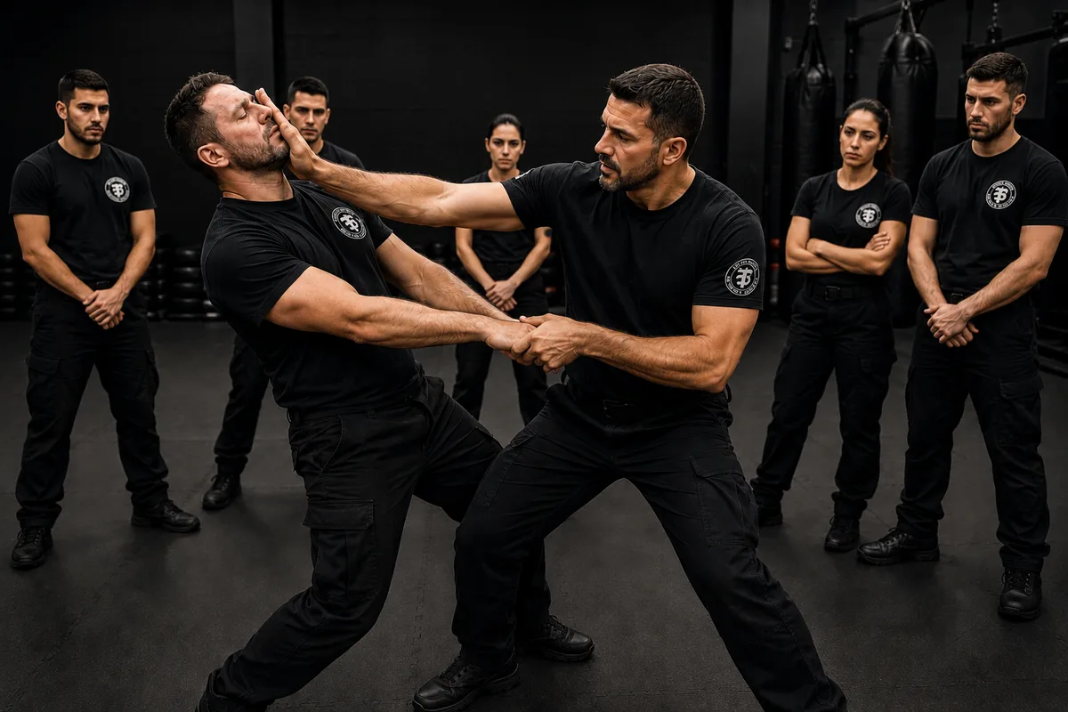 Instructor mostrando una técnica de defensa a un grupo durante una capacitación de seguridad